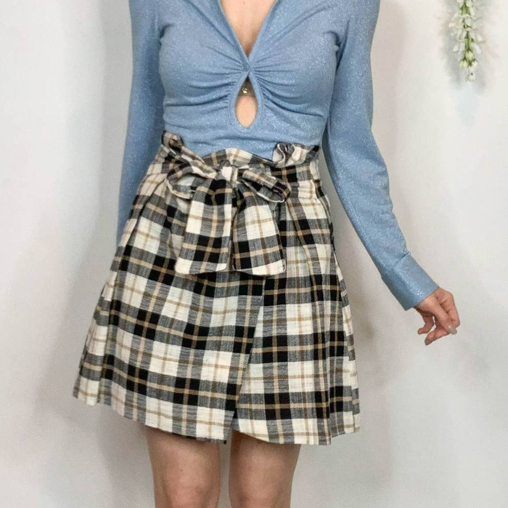 NWT ZARA plaid mini skirt bow tie belt faux wrap schoolgirl private school 2415